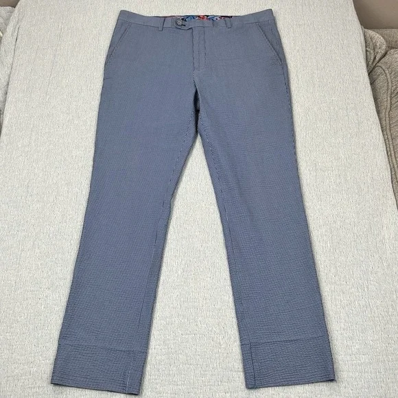 Paisley Gray Pants Mens 34x32 Slim Fit White Blue Seersucker Preppy - Picture 1 of 9